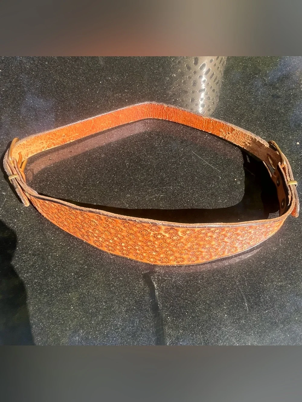 Vintage Brown Leather Floral Hand tooled Wide Cinch Belt size XS